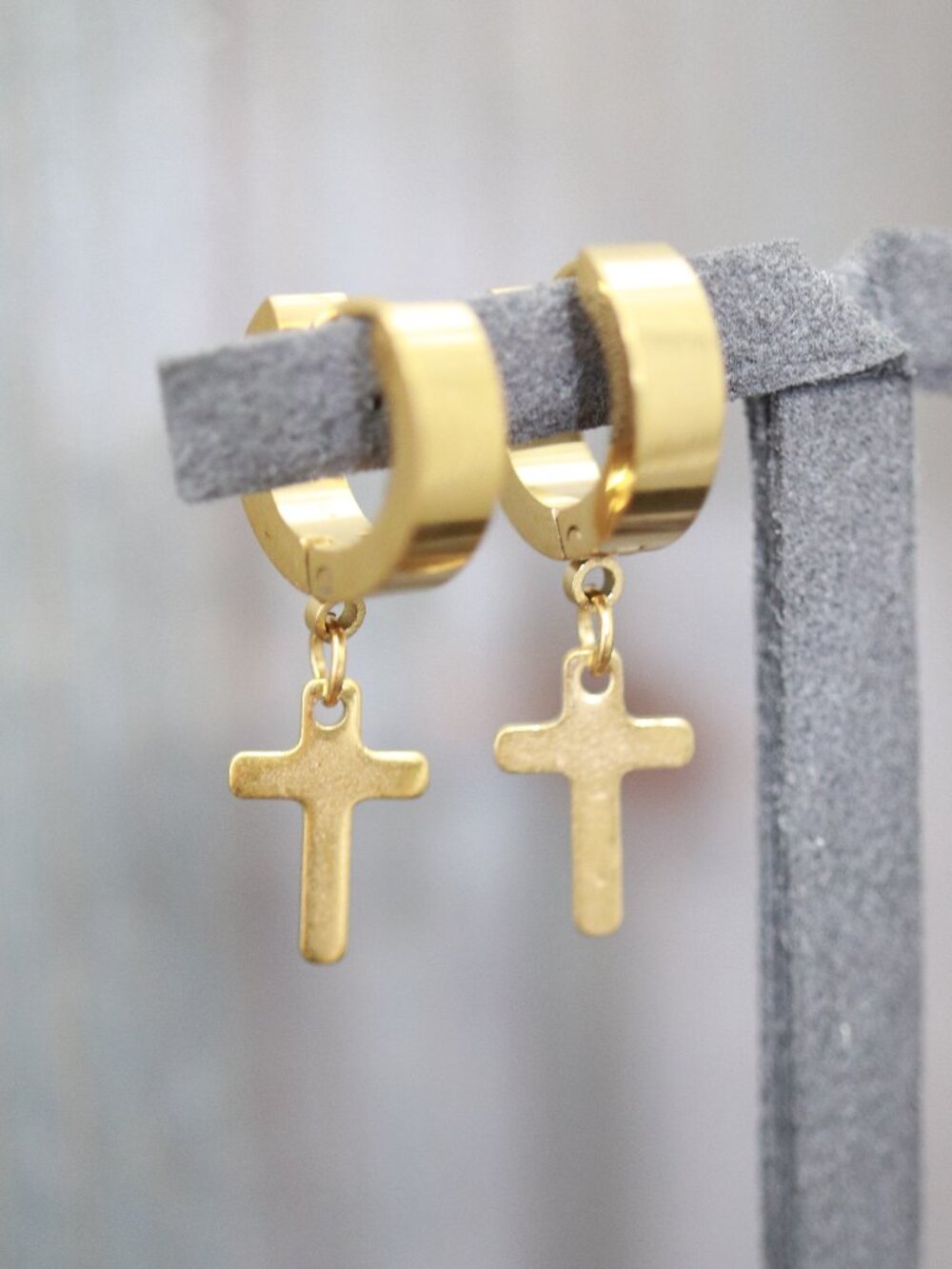 10mm Cross Charm Huggie Dangling Earrings 18k Gold Plated Stainless Steel
